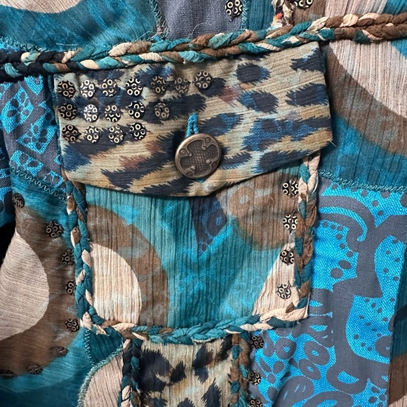Vintage Sandy Starkman Turquoise & Brown Silk Jacket Size M Sequins Hippie Boho - Picture 7 of 10